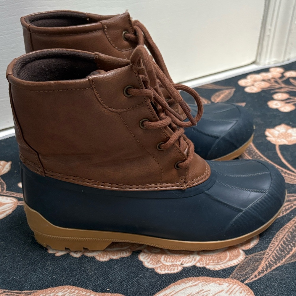 Sperry Top Sider Unisex Duck Tan Brown Blue Lace-Up Port Rain Boots Size 5M !
